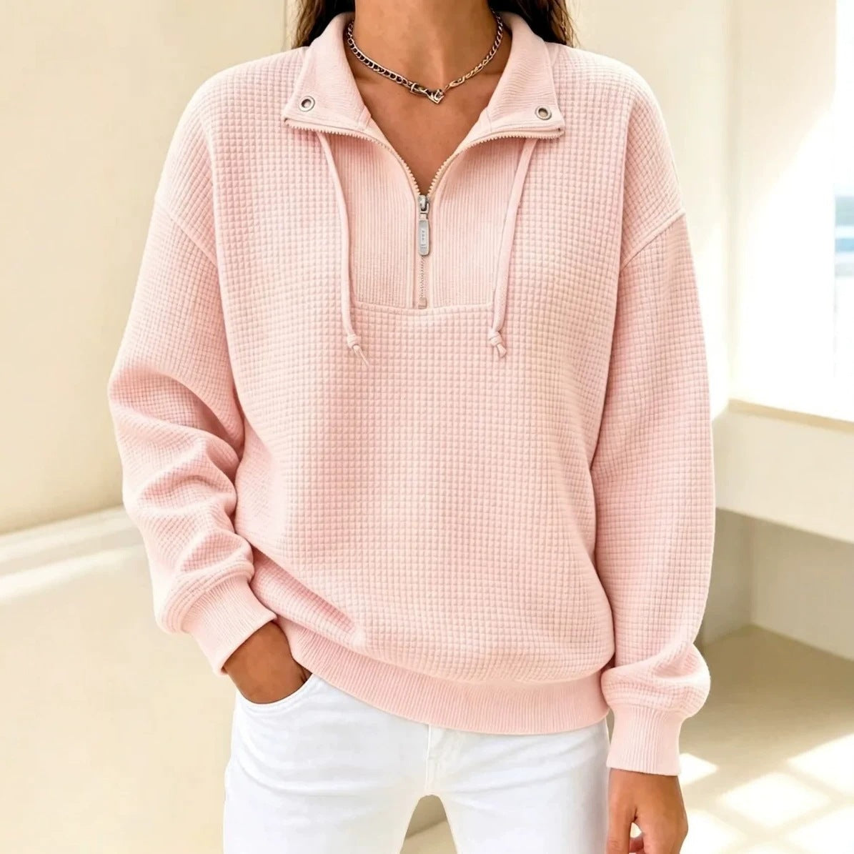 Sweat-shirt femme à manches longues à fermeture à glissière en couleur solide d'automne
