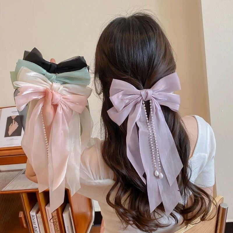Ethereal Bow Pearl Tassel Clip Cheveux Femmes Ribbon Updo Élégant ressort Clip Cheveux Accessoire