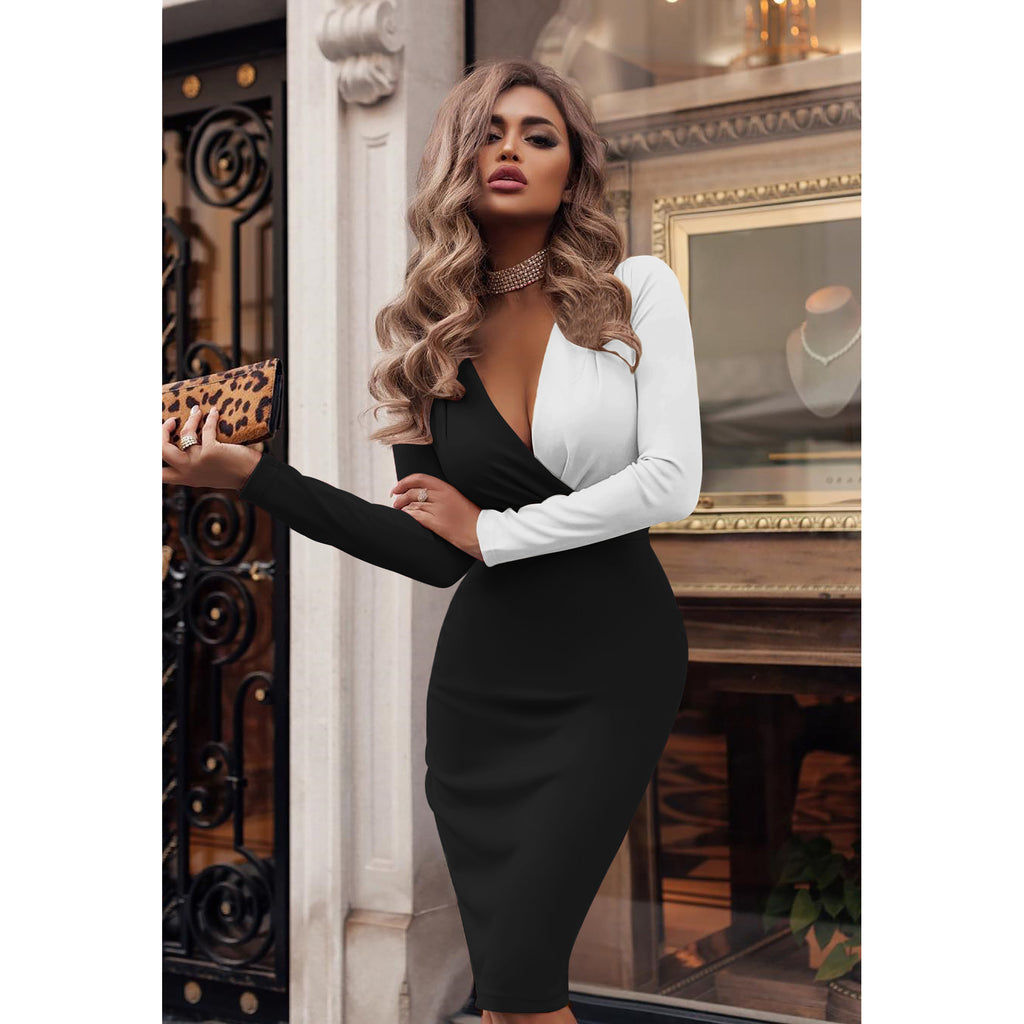 Jupe européenne et américaine Deep V Plied Colorblock Hip