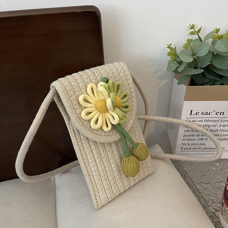 Été Cotton Rope Woven Phone Bag avec le design floral mono-épaule style