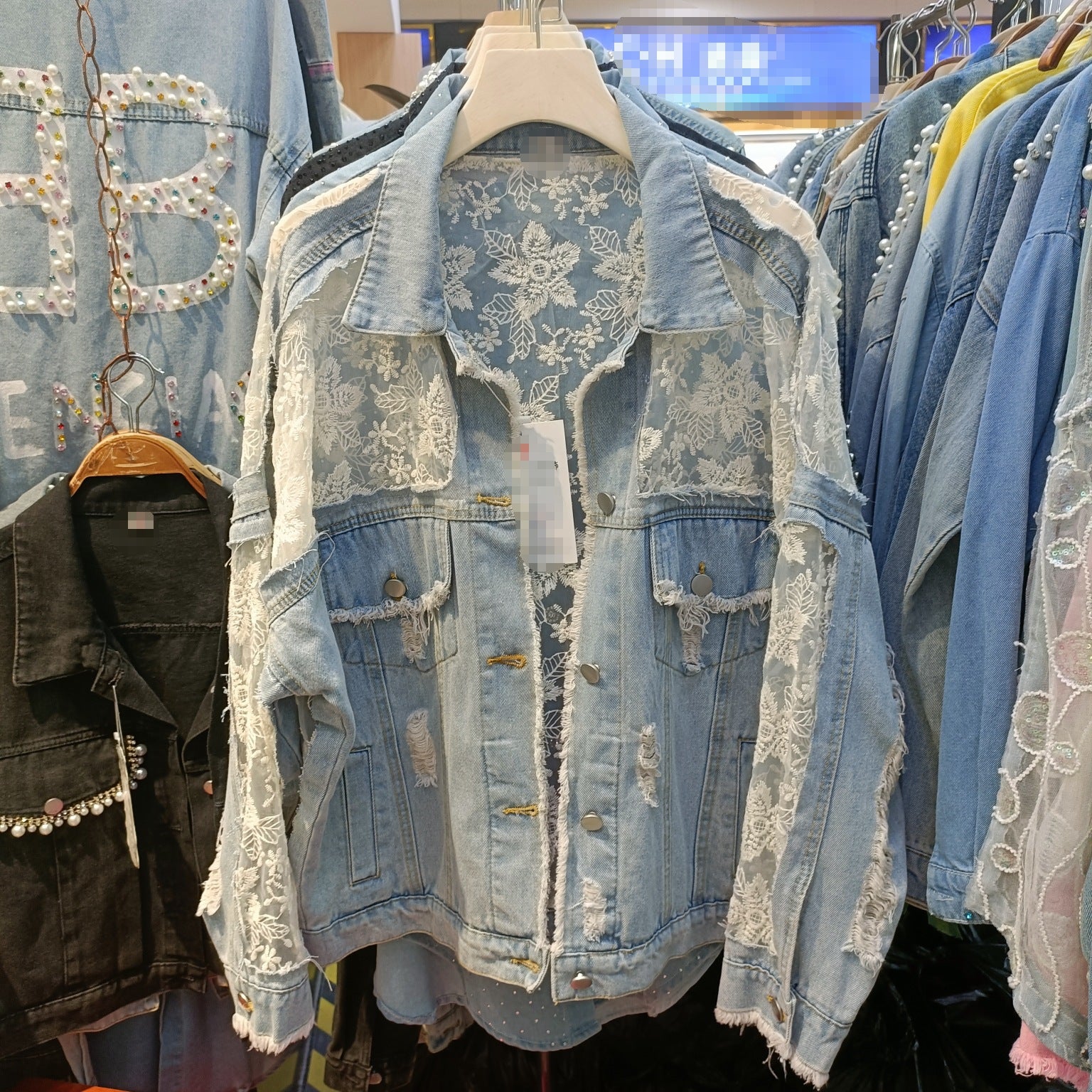 Veste de denim mode polyvalente en mesh brodée