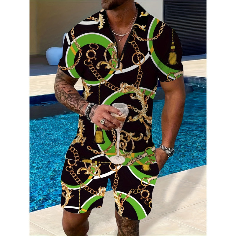 Deux-pièces Lapel Zipper Printed Leisure Sports