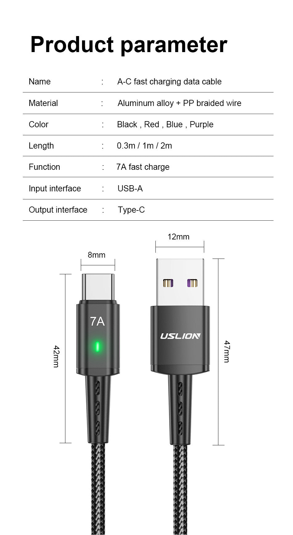 7A Android tressé long 2M câble de charge