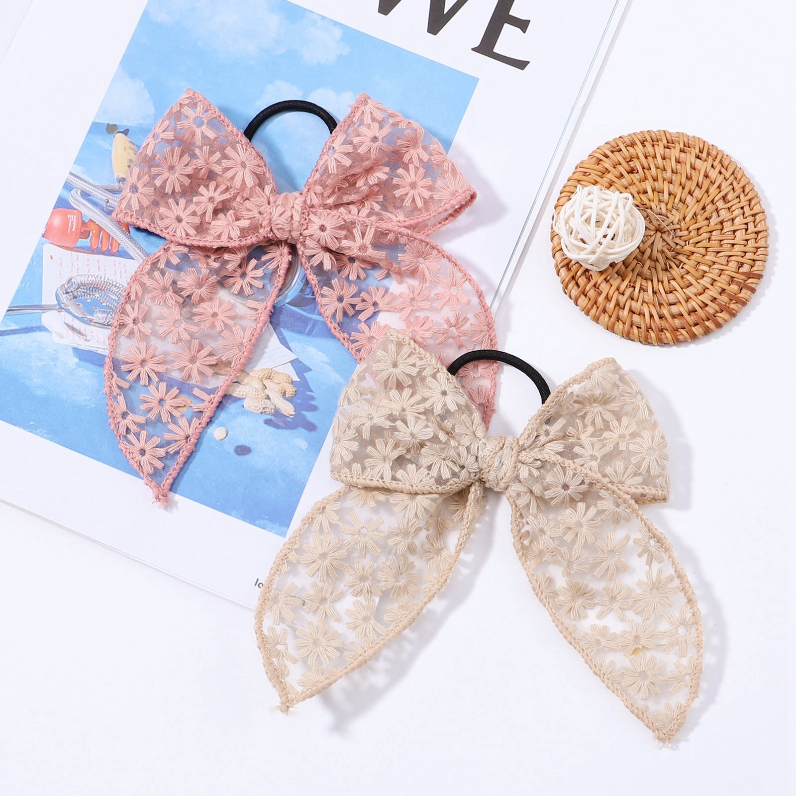 Brodé imprimé Bowknot bague de cheveux en caoutchouc de dentelle simple bande de cheveux Rope Floral Dovetail Ac