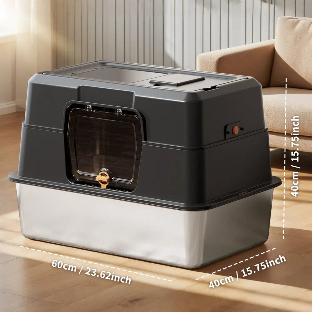 Fully enclosed stainless steel litter box