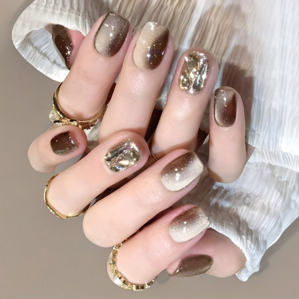Y2K Faites vous-même glamour 30 pièces de faux ongles carrés taillés Coffee Cat's Eye Rhins