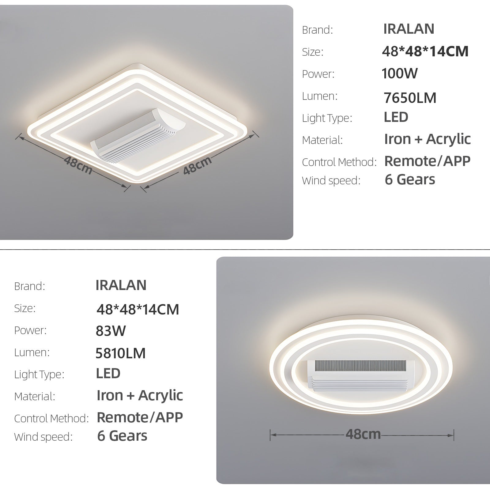 Lampe de ventilateur sans leafless avec télécommande contrôlée par l'application et graduation progressive