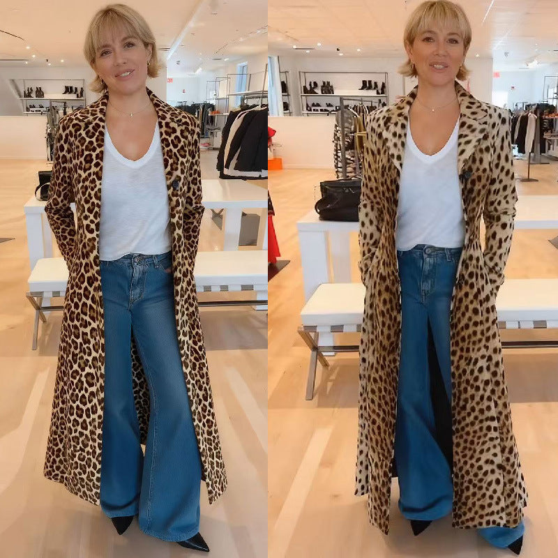 Leopard-print Casual Loose Blazer-style Cardigan Long Manteau Trench pour femmes