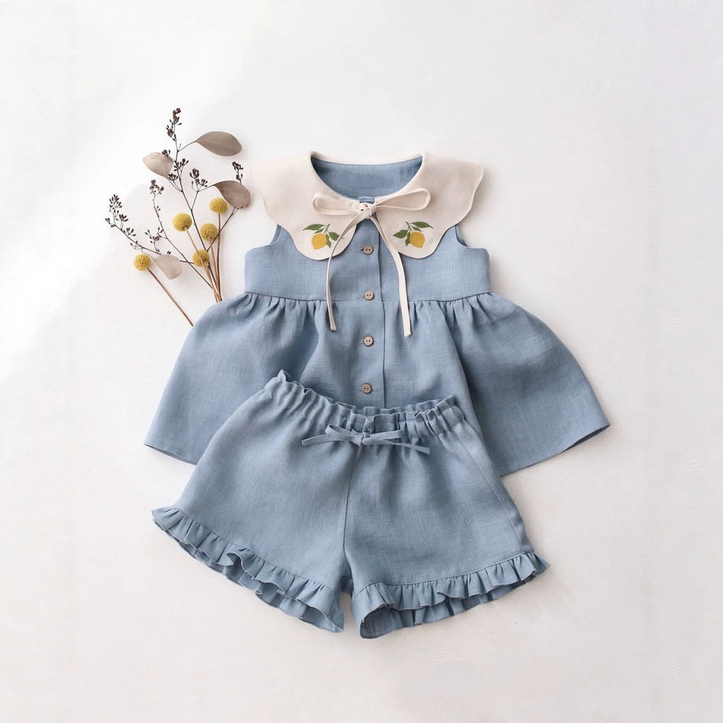 Enfants sans manches Broded-Neck Top et shorts ensemble à deux pièces