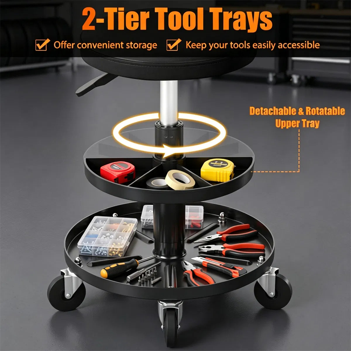 Tabouret mécanique à rouleaux réglable noir avec bacs de stockage d'outils de 2 étages