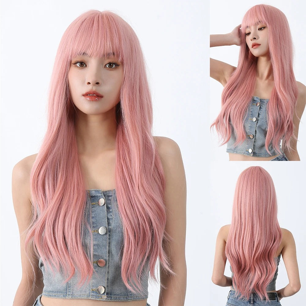 Perruque femelle Bangs Roller Fluffy cheveux mi-longs Perruque naturelle pleine tête