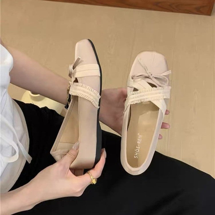 Femmes Vintage Ruffle Frill Trim Cross Band Tiny Ribbon Bow Ballet Flats Matching Casual Da