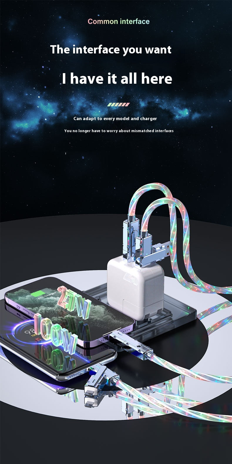 Star Sky Magnifique Streamer couleur charge rapide 4-en-un câble de charge lumineuse
