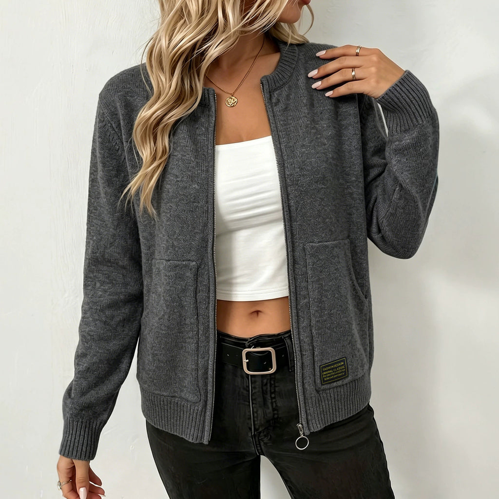 Cardigan tricoté couleur solide pour femmes avec fermeture éclair