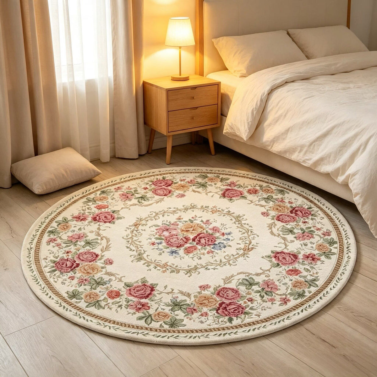 1pc French Pastoral Style Floral Pattern Round Rug