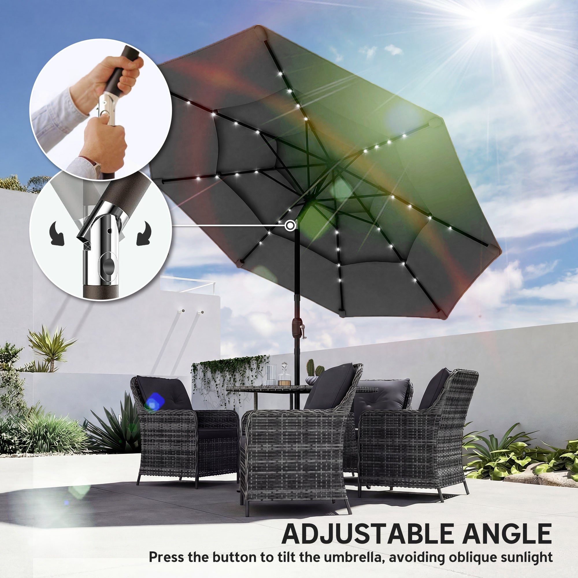 Parapluie extérieur Patio de 9,7 pieds avec lumières solaires LED