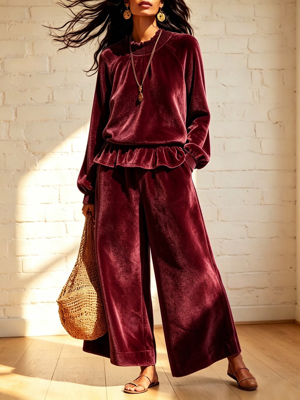 Fashionable femmes Casual Top et large-leg Pantalons ensemble