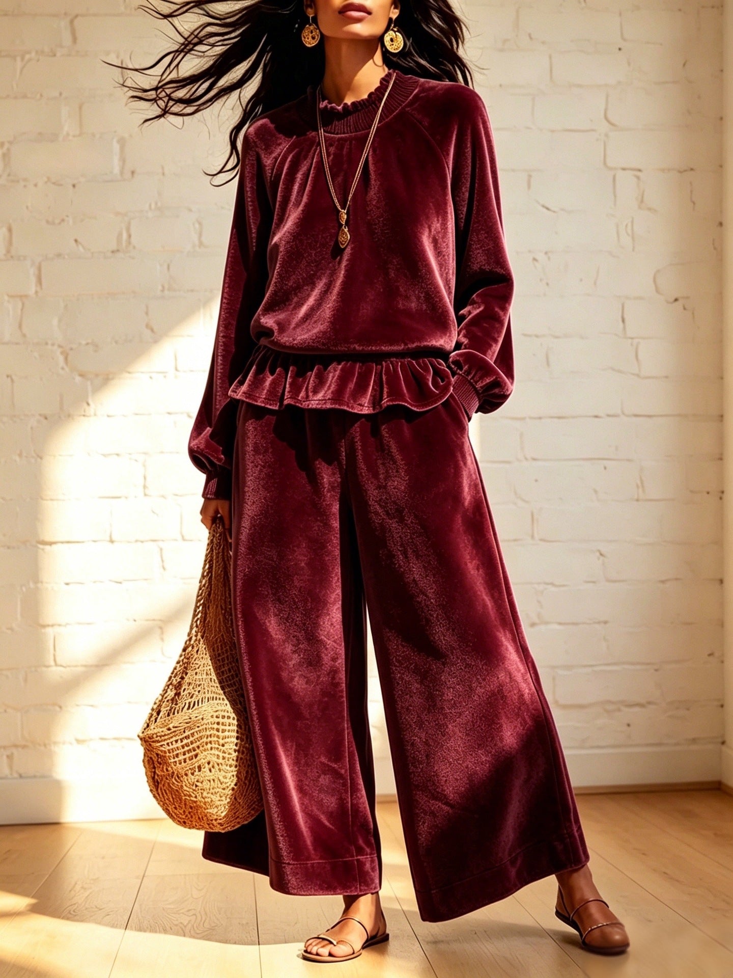 Fashionable femmes Casual Top et large-leg Pantalons ensemble