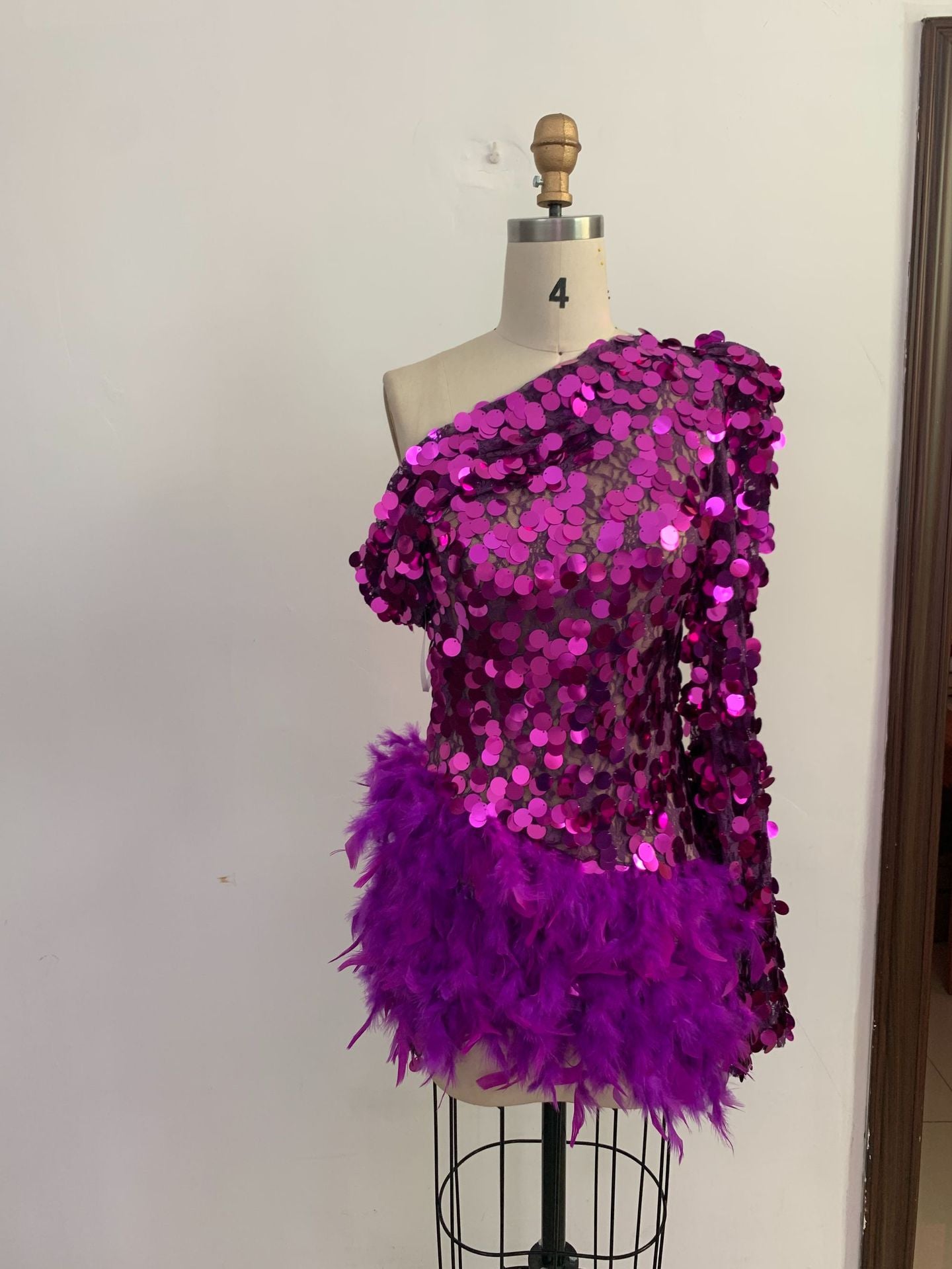 Jupe pourpre à plumes pailletées à une épaule Manche courte Robe de luxe Party Stage Performan