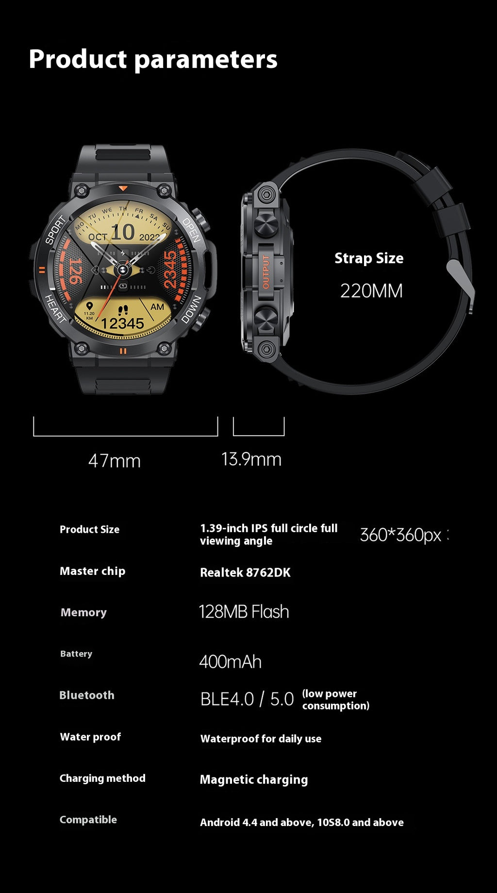 Call Musique Météo Fréquence cardiaque Pression artérielle Smart Watch