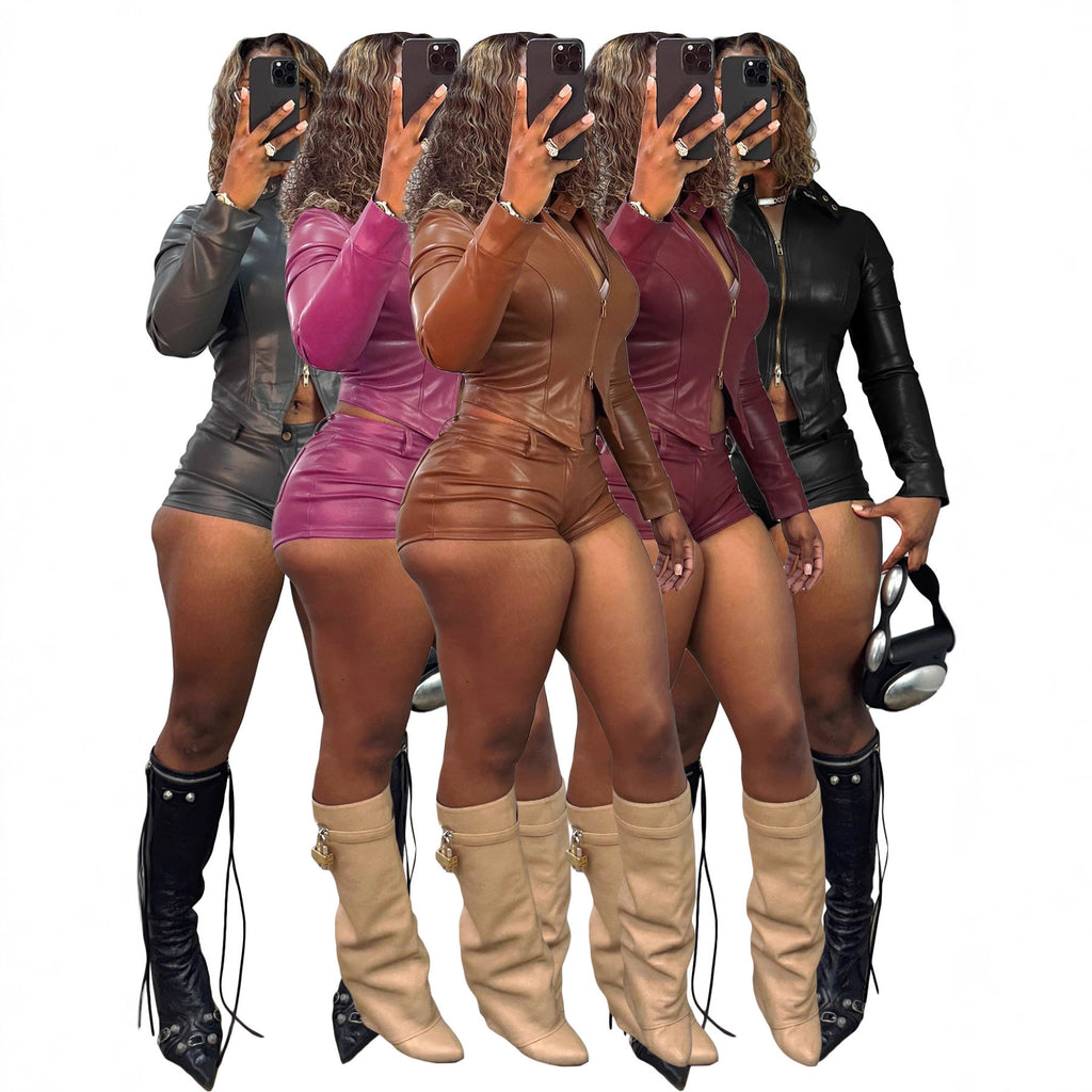 La mode européenne et américaine en cuir pour femme Stand-Collar bi-lay Zipper Biker Long-Sleev