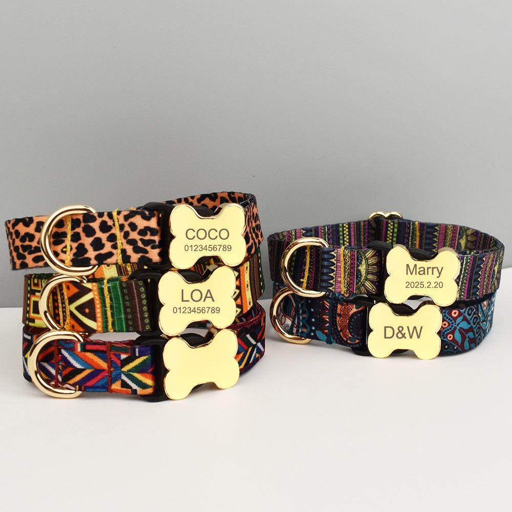 Style ethnique Webbing Bone Buckle imprimé collier pour animaux de compagnie