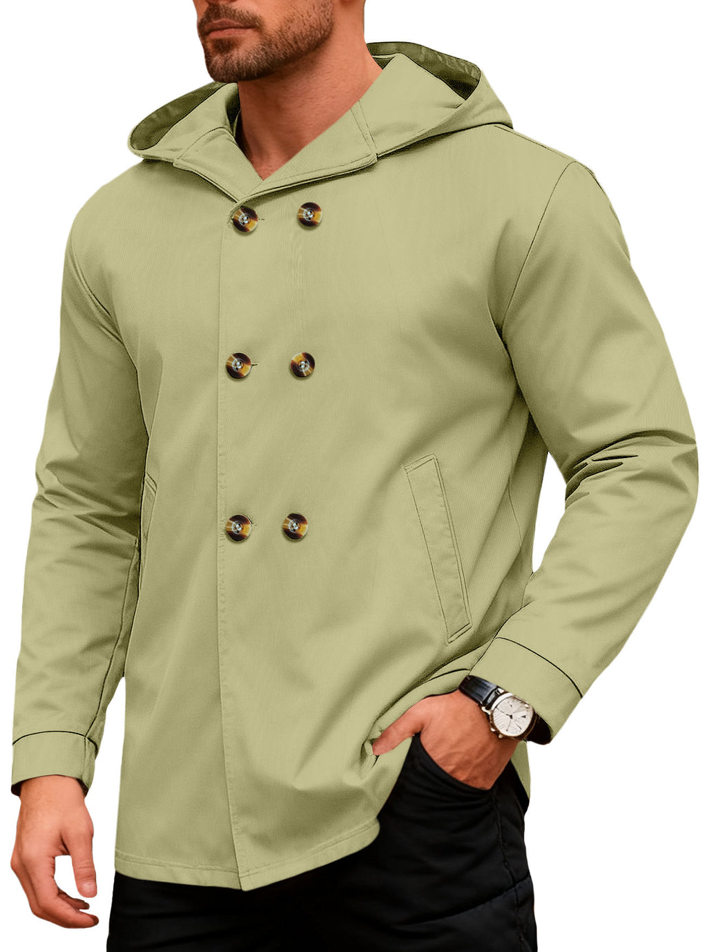 Manteau de trench à capuchon mi-longueur pour hommes