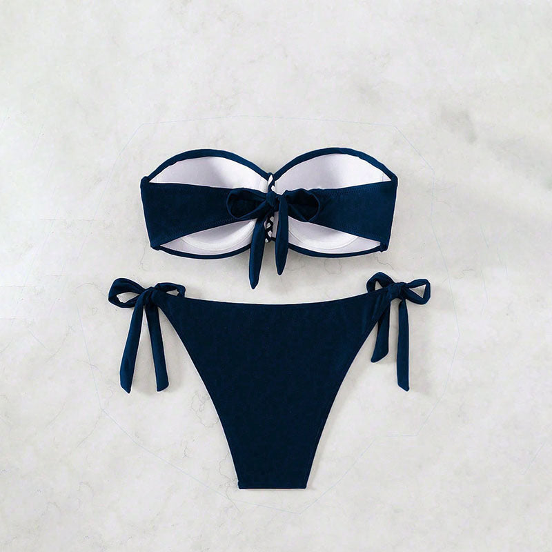Strapless de couleur solide Sexy Chic Dentelle-up Bikini Beach Maillots de bain