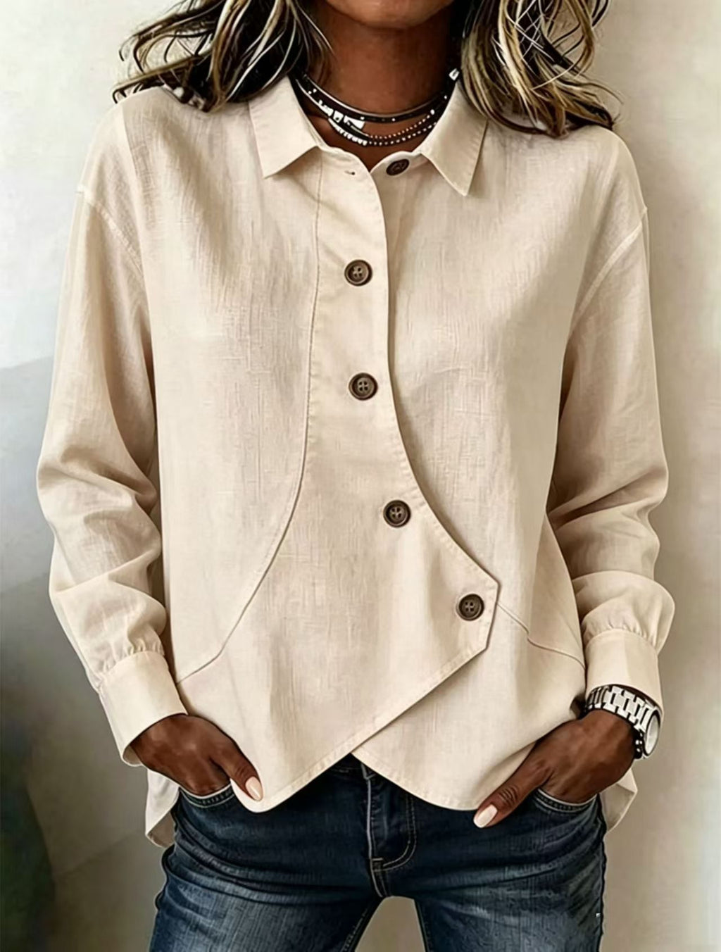 Femmes Casual Solid-Color Asymétrique manches longues chemise de style européen et américain