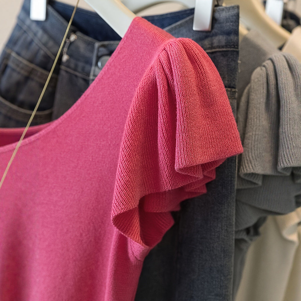 V-col tricoté à manches courtes Ruffled Solid-color Top