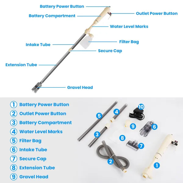 Kit de nettoyage de gravier électrique multifonctionnel Longueur réglable réservoir de poisson automatique