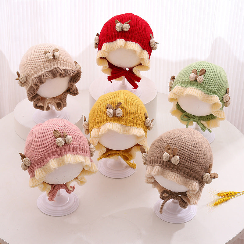 Automne et hiver Chapeau tricoté Mignon princesse fleur Bonnet bébé fille chaude Dentelle haut laine bras