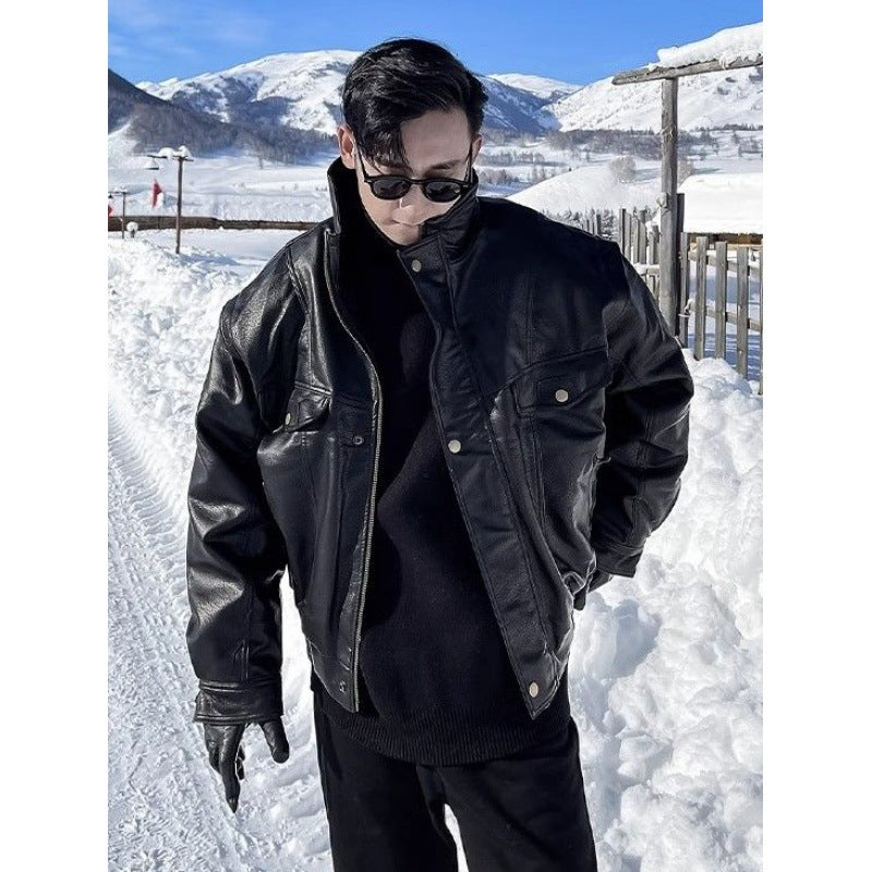 Veste en cuir Manteau d'automne et d'hiver Manteau homme Trendy Handsome polaire Épaisseur pilote Mo
