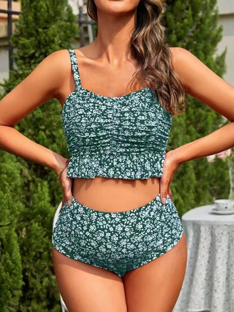 Deux-pièces Floral Leopard-print Maillot de bain Rufflé
