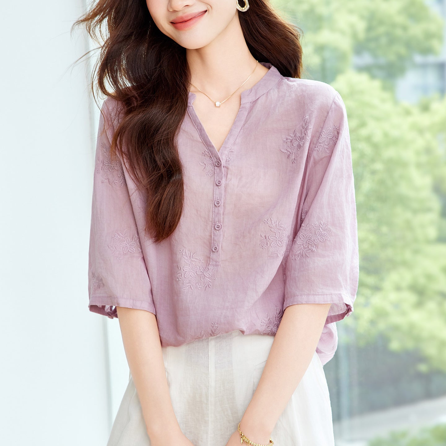 Chemise classique de style chinois en V-col d'été