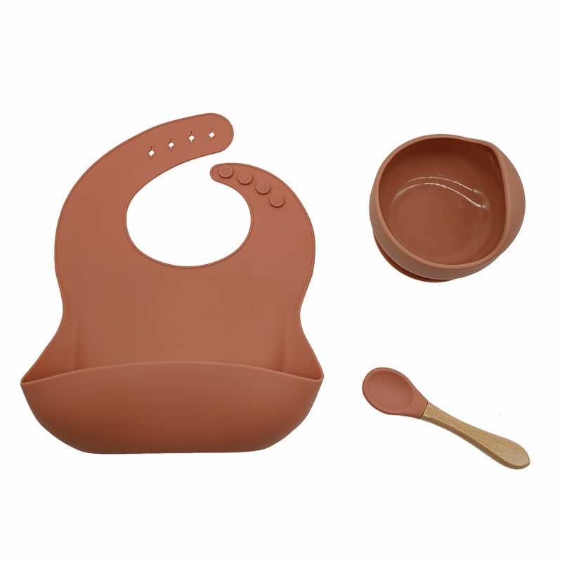 Baby Tableware Solid Food Bowl Silicone Bib Spoon en bois Ensemble de trois pièces