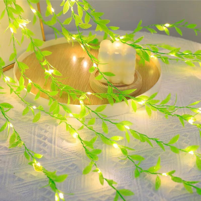 Feuille verte Rattan fil de cuivre rideau lumière
