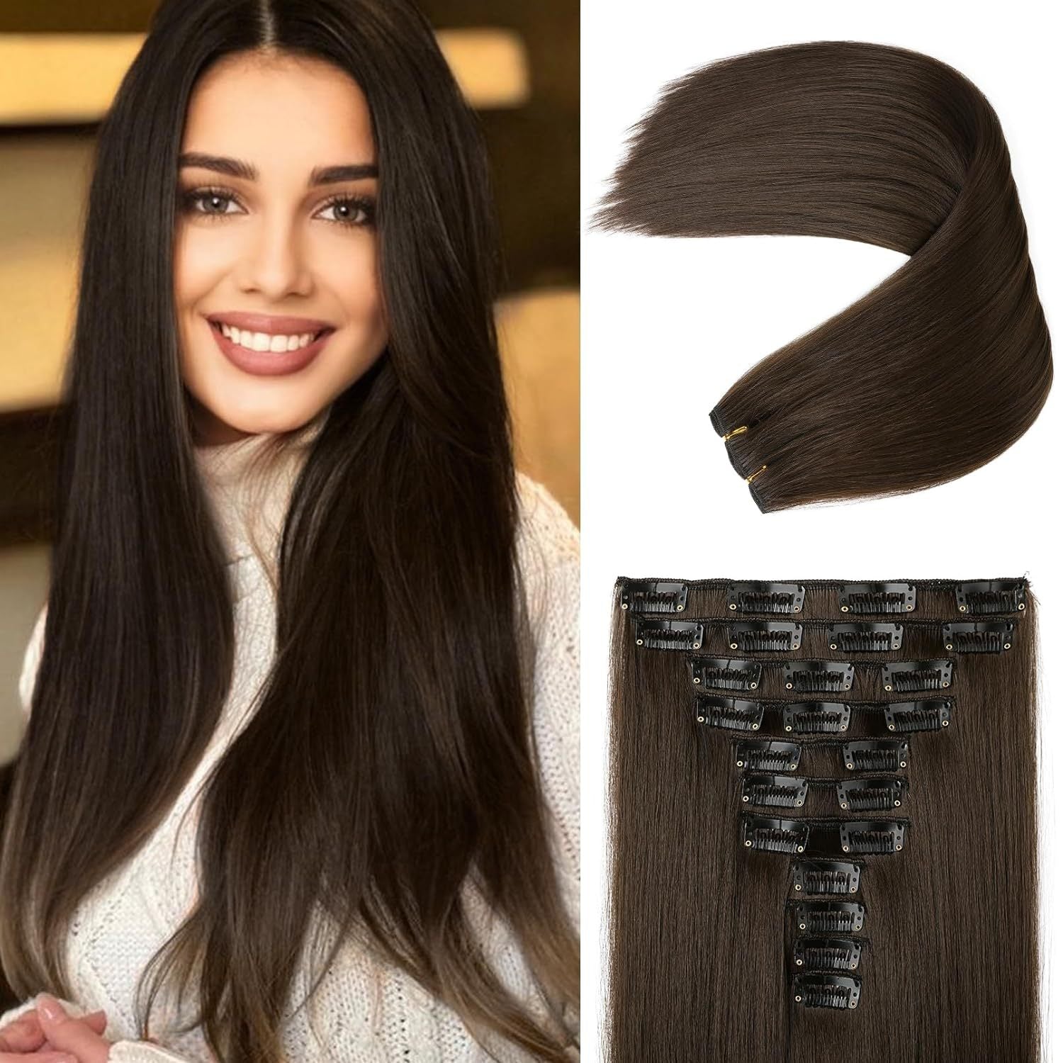 11-pièces 24-pouces Long droit Extension cheveux Pièces de perruque noire