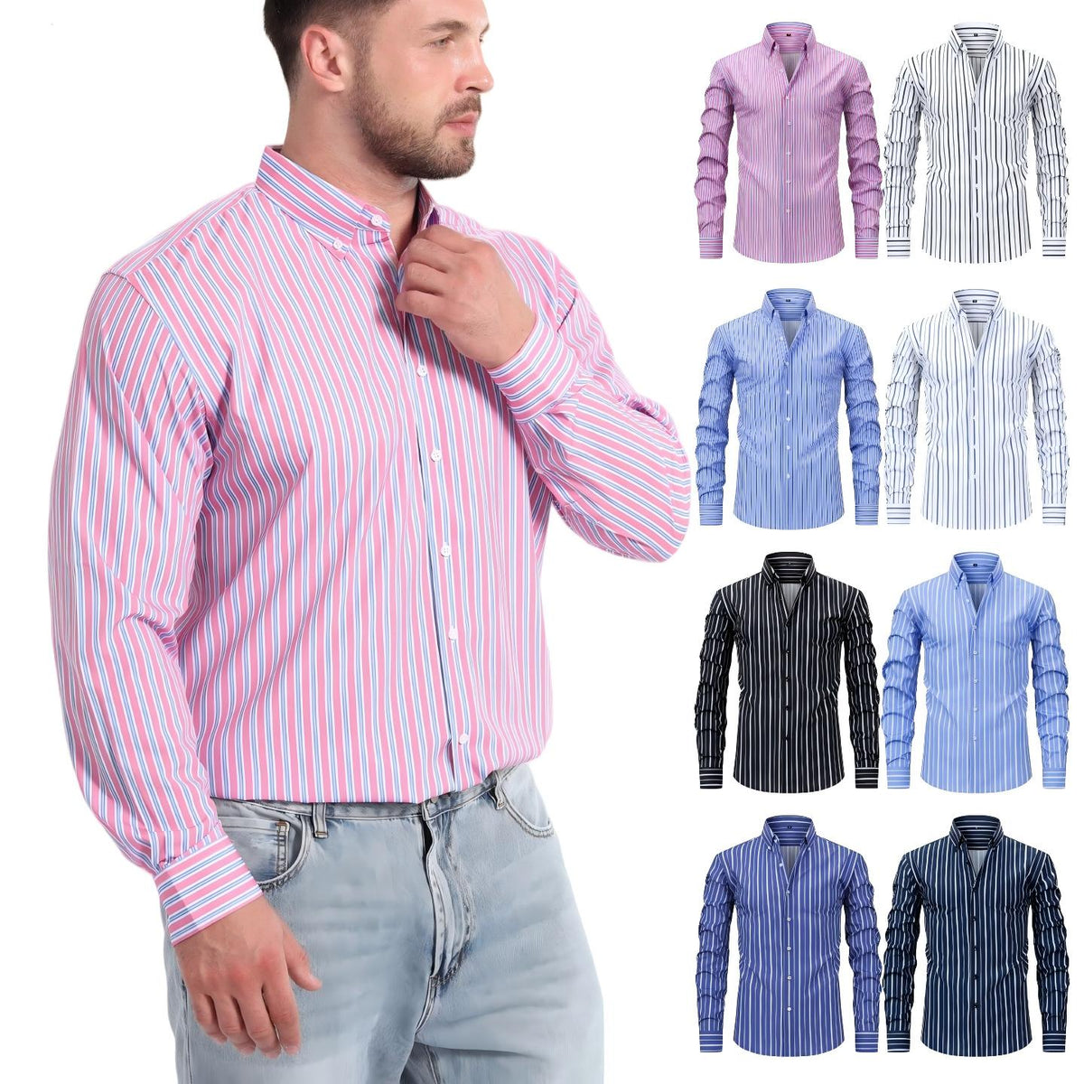 Jiana Quatre-Way stretch imprimé numérique rayé manches longues Lapel hommes chemise-comme homme S