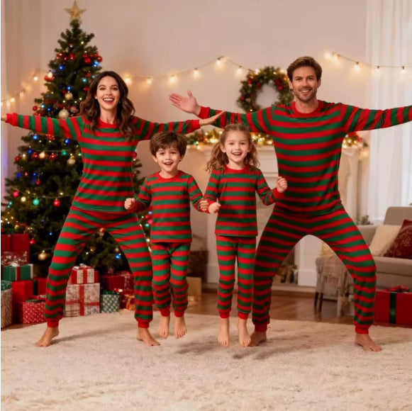 Set famille de Noël rayée Vêtements de salon à manches longues d'automne