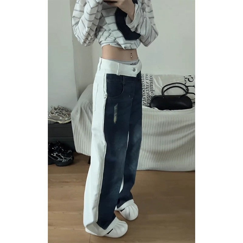 Hommes style américain Lavé bleu et blanc patchwork Denim Jeans