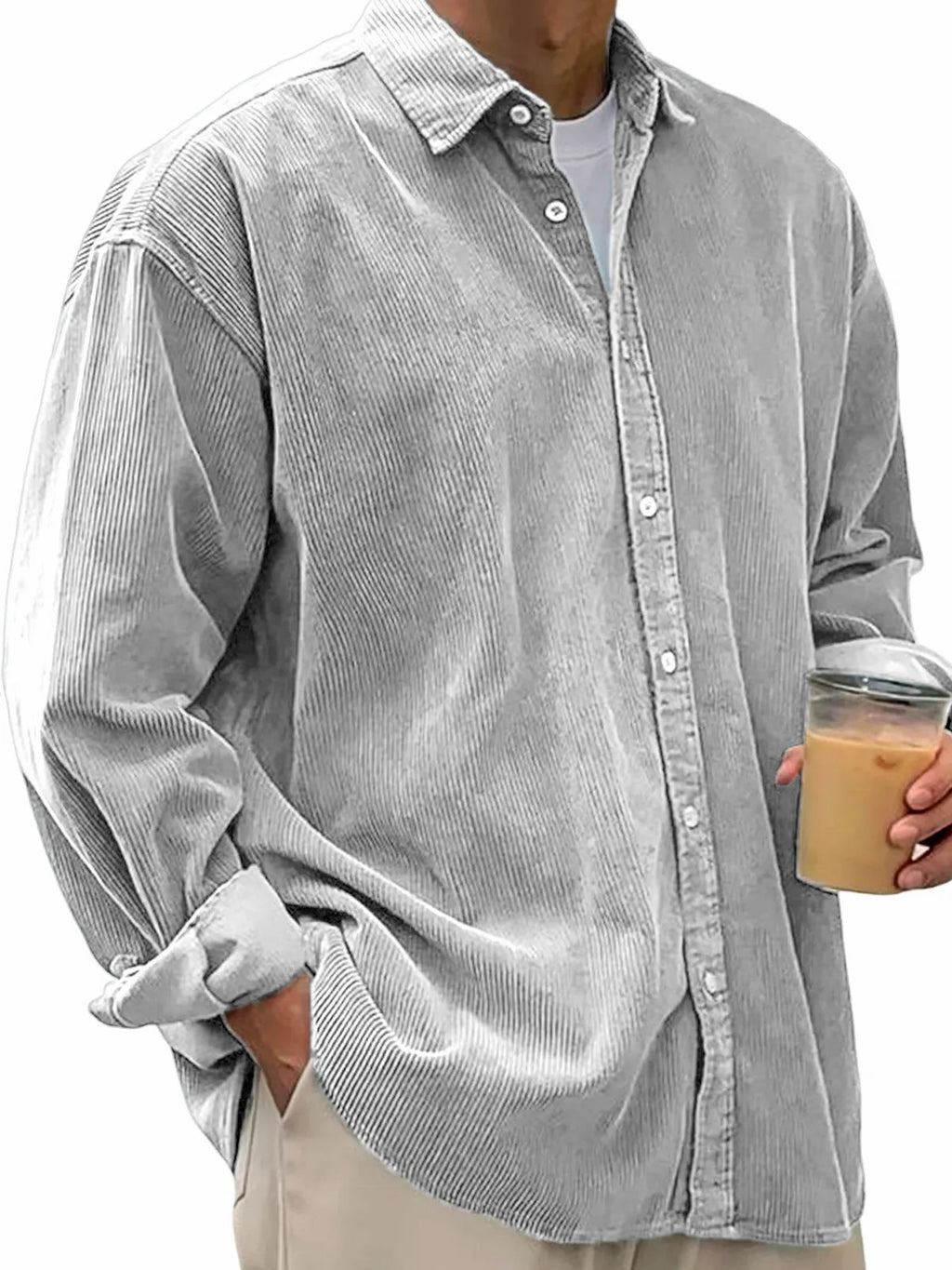 European And American Men's Casual Loose Solid Color Corduroy Lapel Shirt Indépendant Site