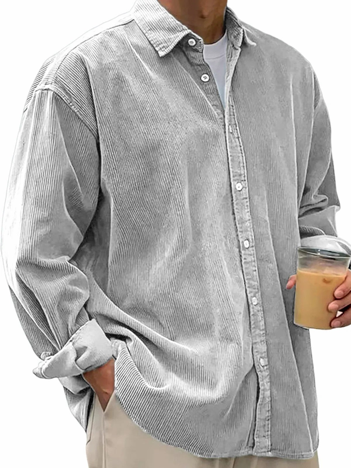 European And American Men's Casual Loose Solid Color Corduroy Lapel Shirt Indépendant Site