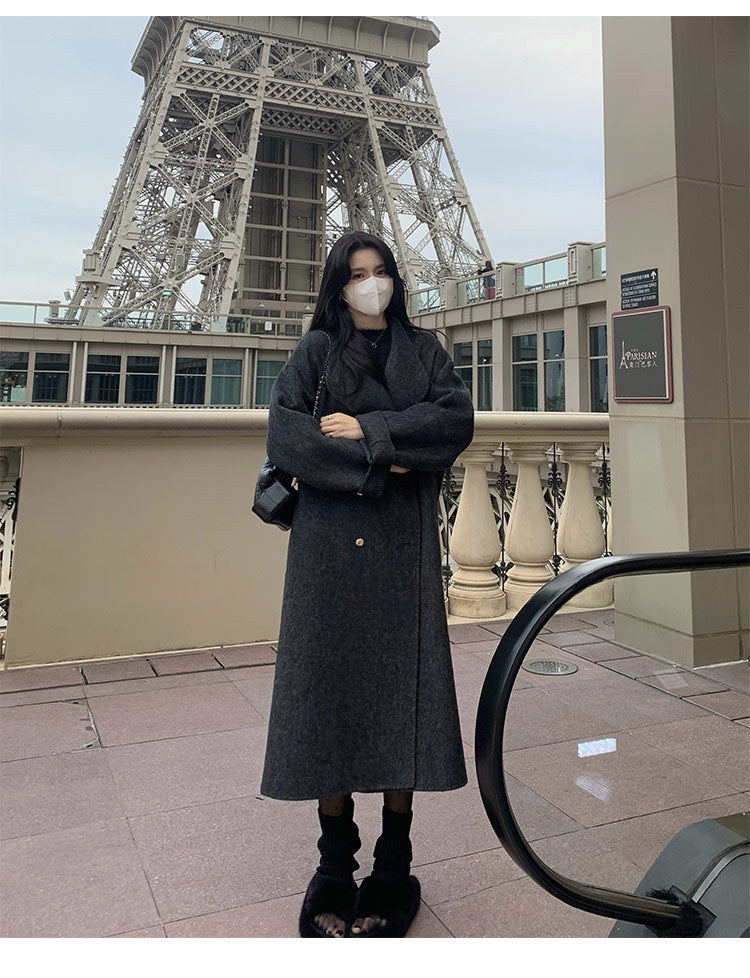 Conception de collier de support Manteau double-à-bras femmes Grand Lapel Long-Loose-fit Laine Overcoat