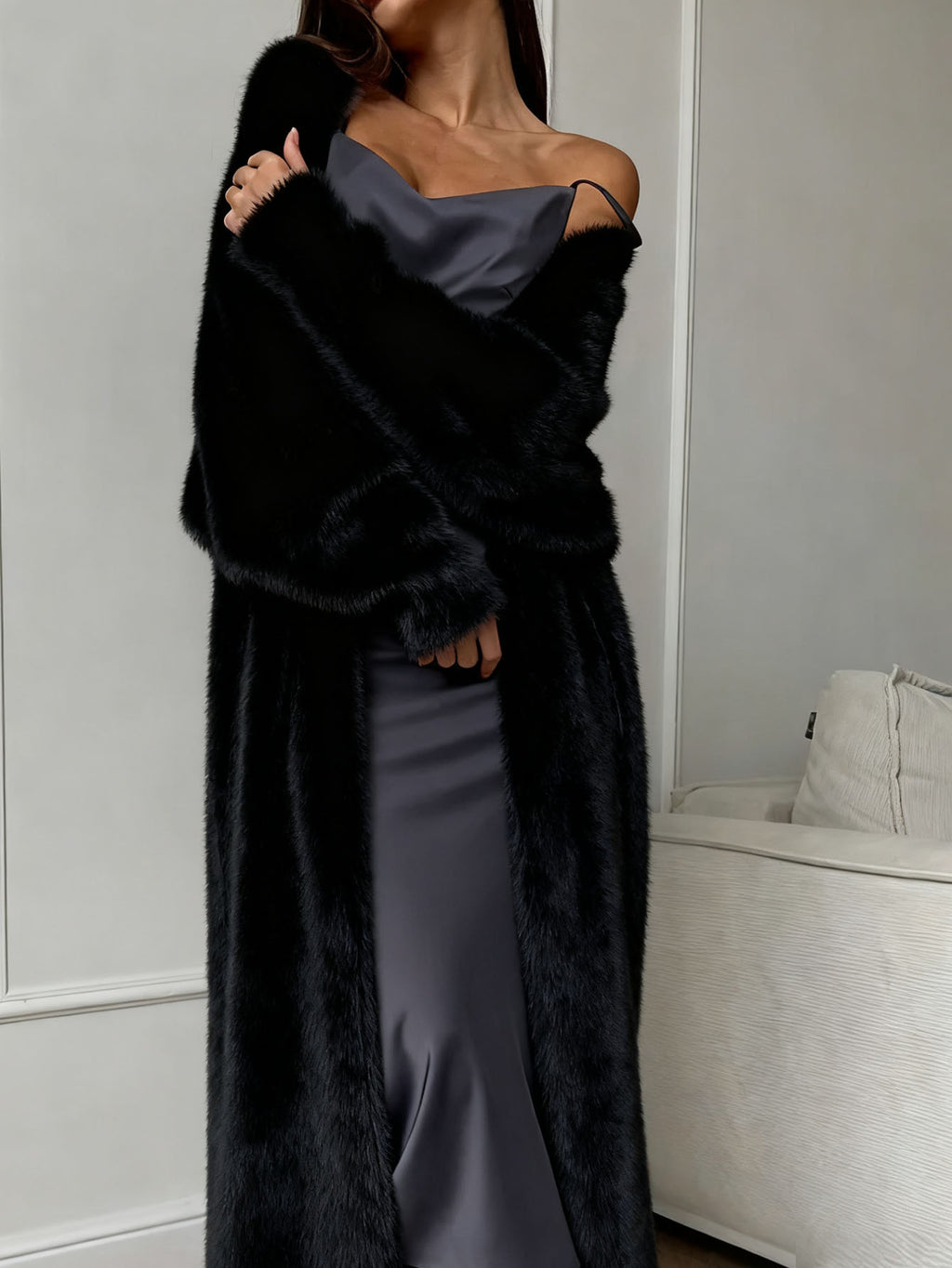 Faux femmes Mink Fur Long Knit Cardigan