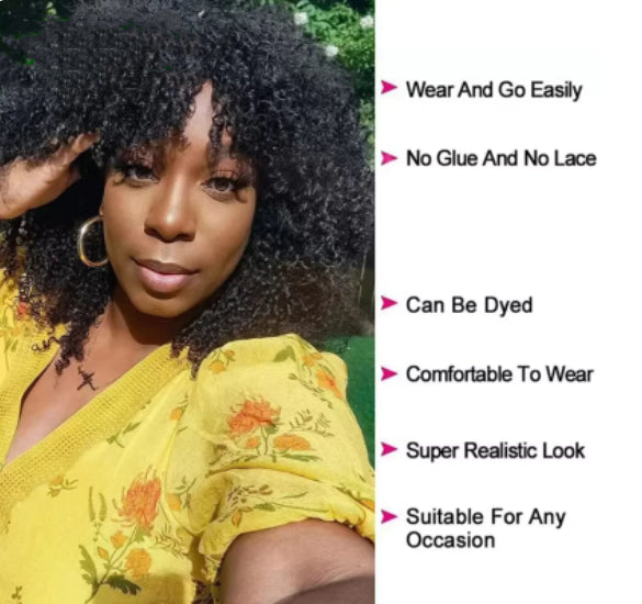 Afro Kinky Curly Cheveux humains Perruques sans colle avec Bangs 4B 4C