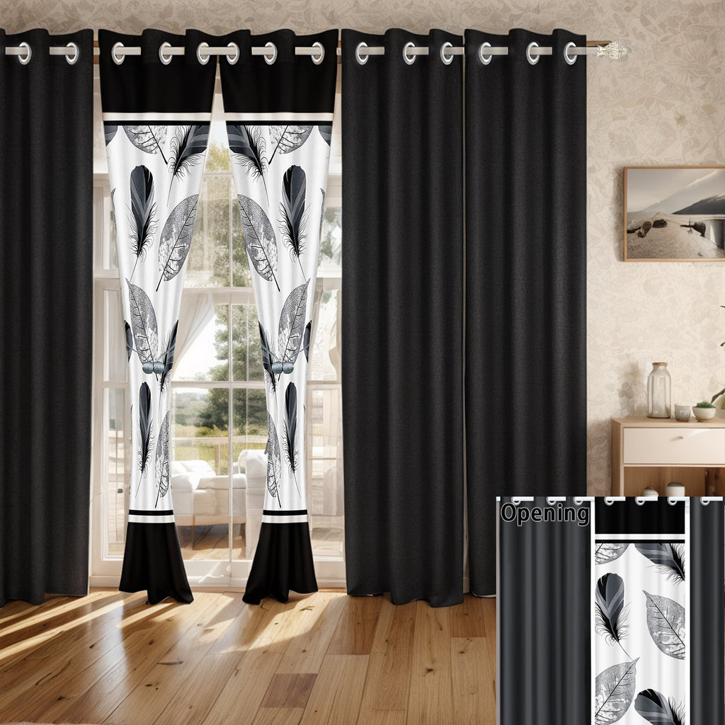 9-Piece noir et plume blanche couvre-lit et jeu de rideau
