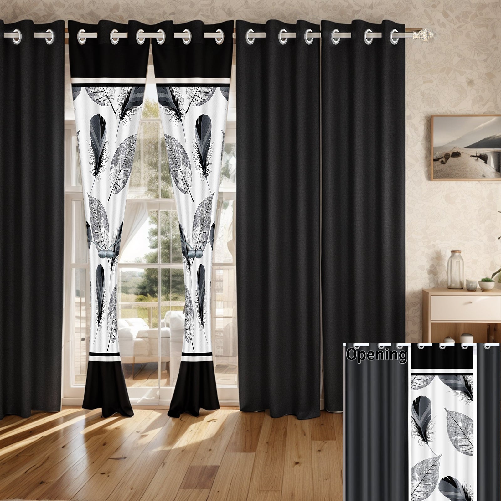 9-Piece noir et plume blanche couvre-lit et jeu de rideau