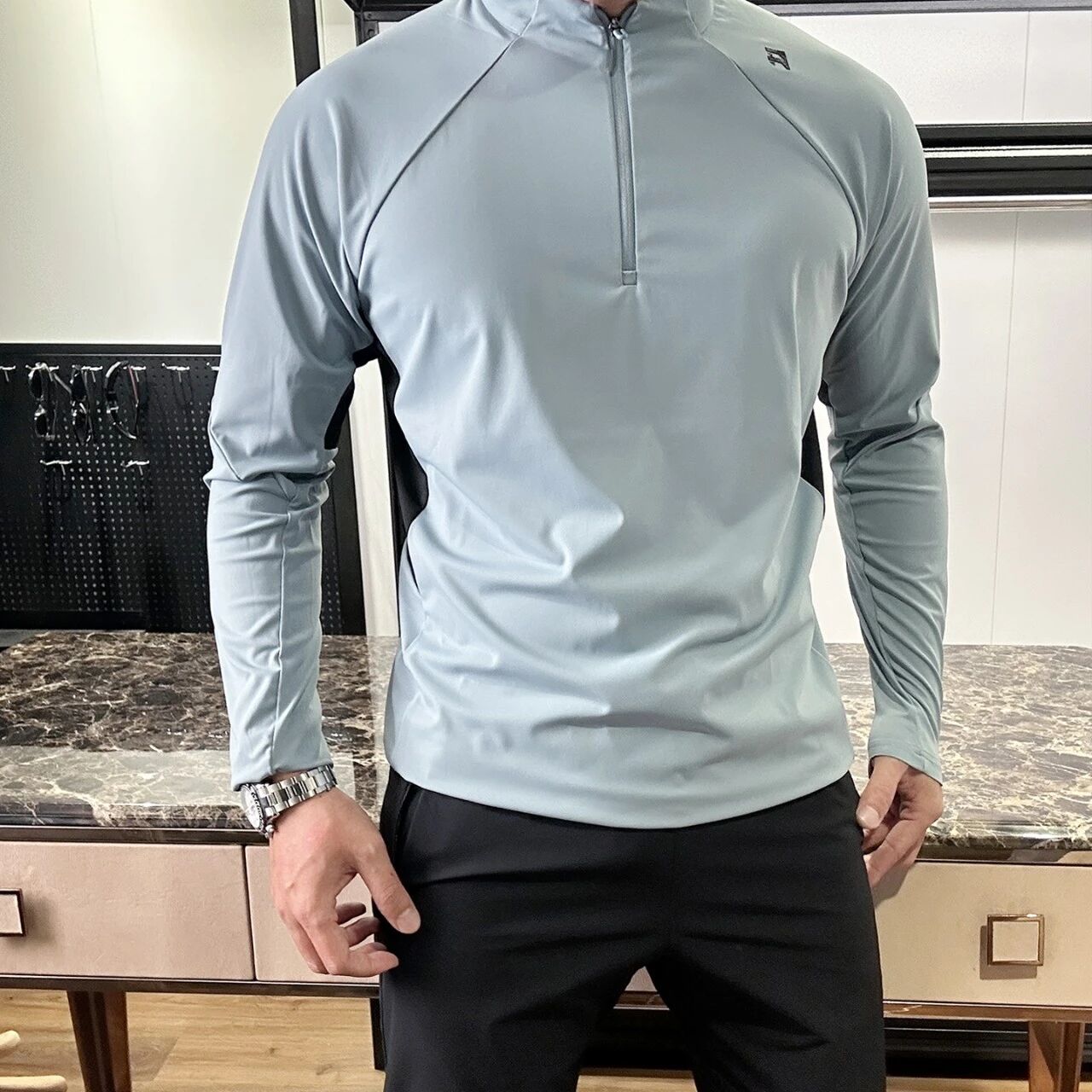 Hommes quartier Zip rapide sèche manches longues Pullover Stand Collar Athletic Tops Respirant Ligh