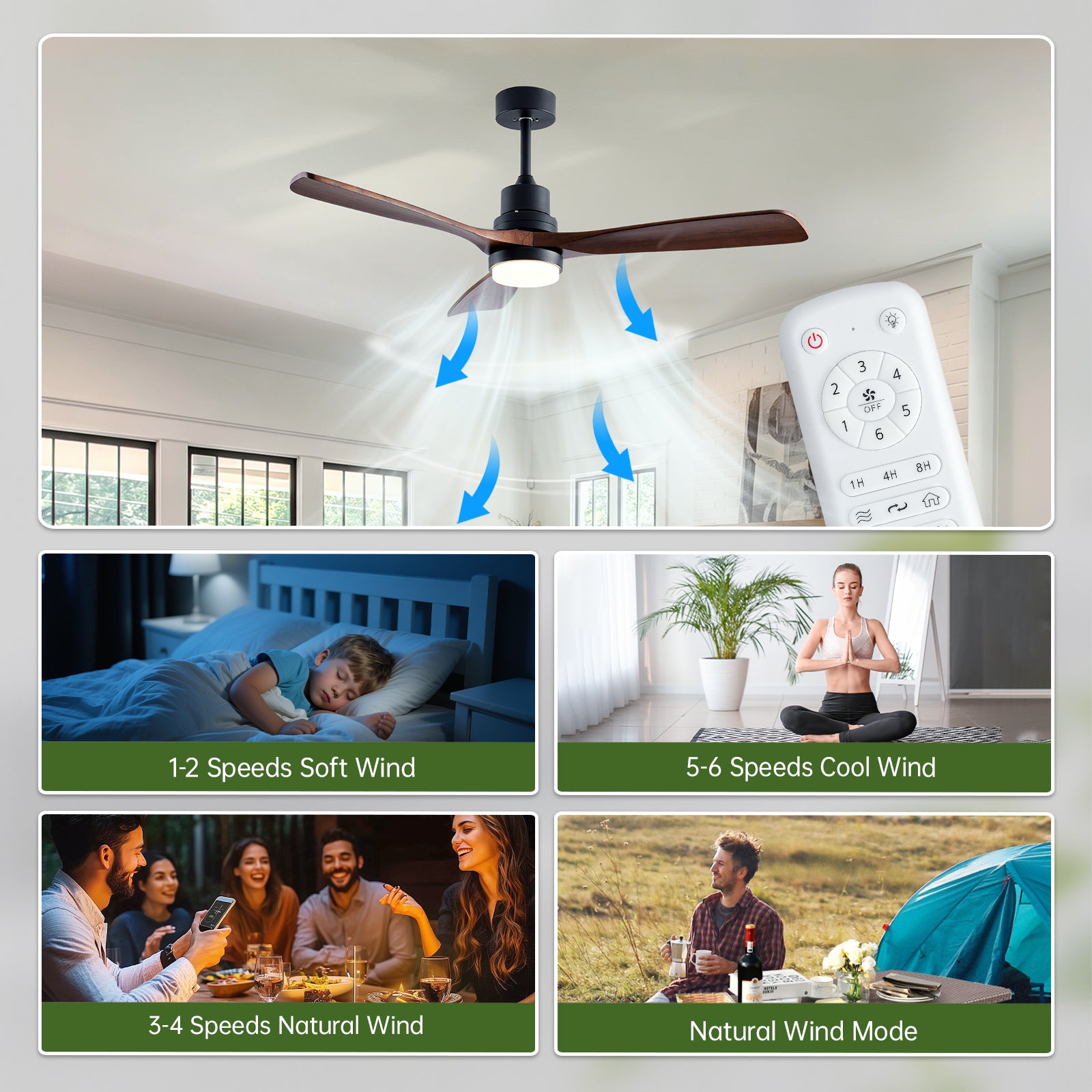 Ventilateurs de plafond en bois de 52" avec télécommande éclairée